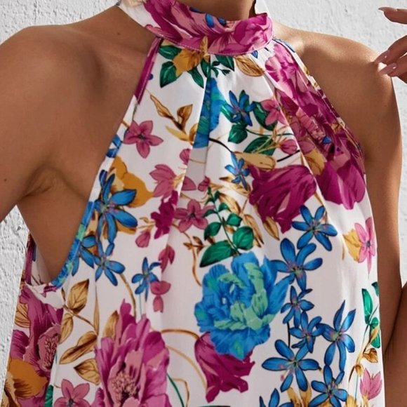 Multicolor Boho Floral Print Halter Neck Blouse - Picture 4 of 4